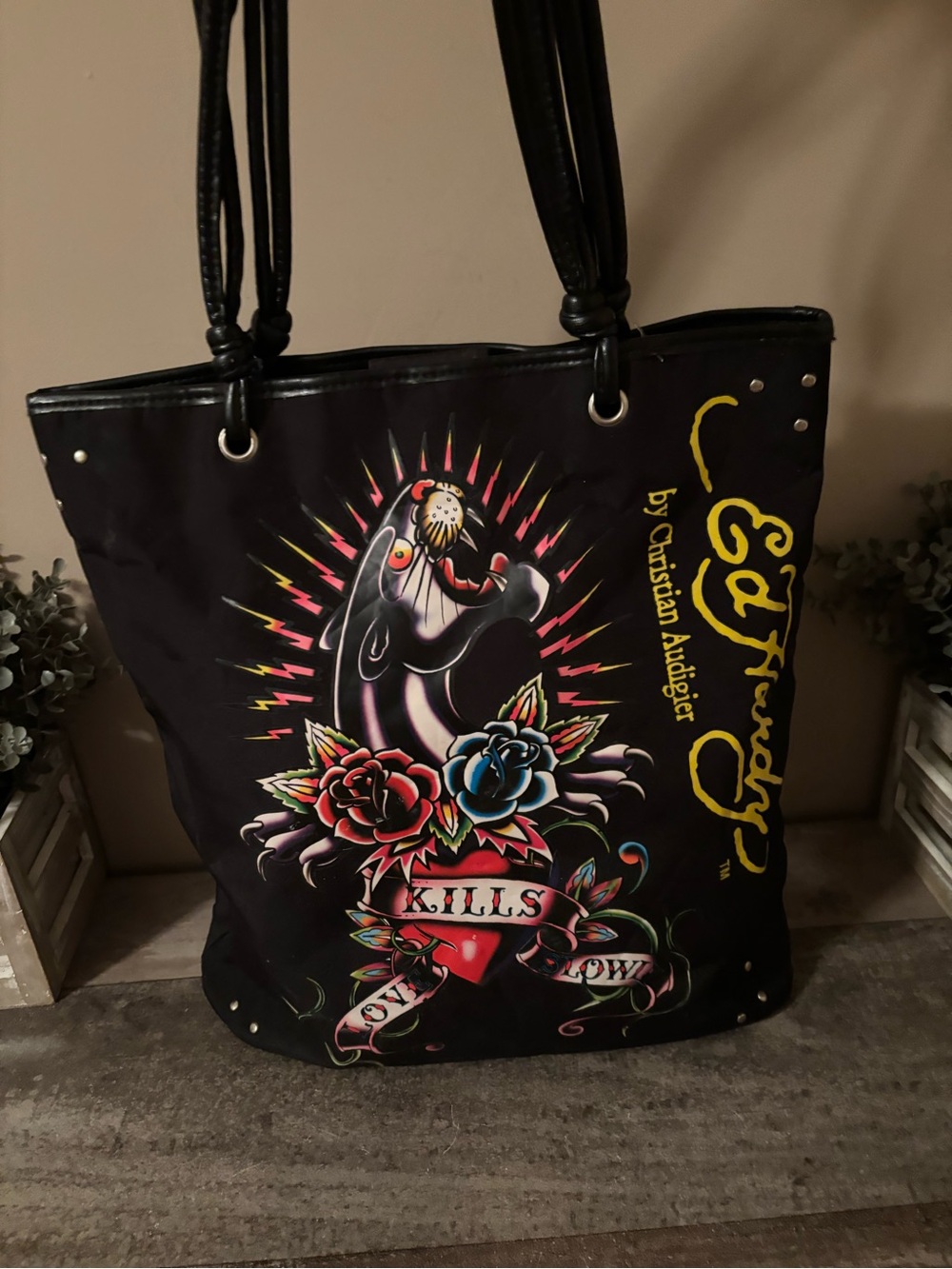 ED HARDY VINTAGE BLACK CANVAS TOTE